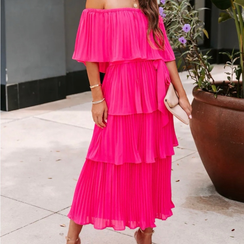 Vici Hot Pink Off-Shoulder Midi Dress